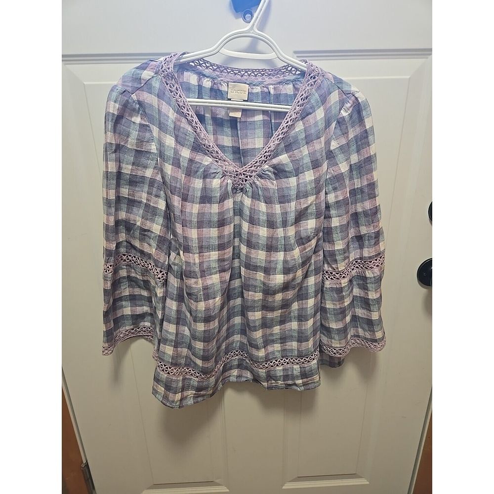 Chicos Size 2 Shirt Blue Plaid Linen Blouse V-Neck Loose‎ Bell Sleeve Womens L - Picture 2 of 7